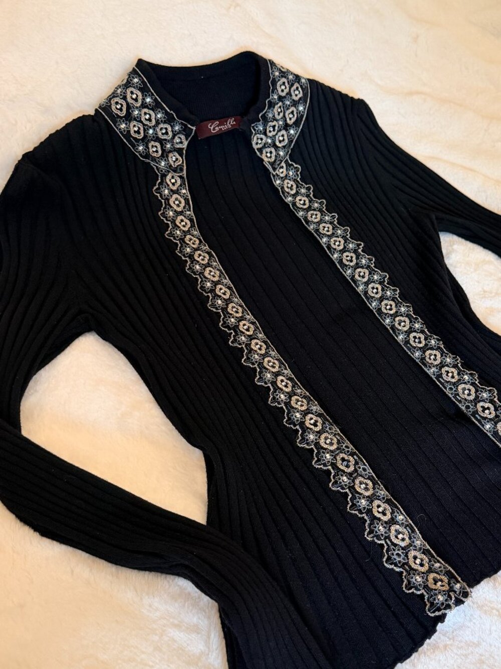 Glam Camille La Vie Beaded Rhinestone Ribbed Knit Cardigan Small-Medium